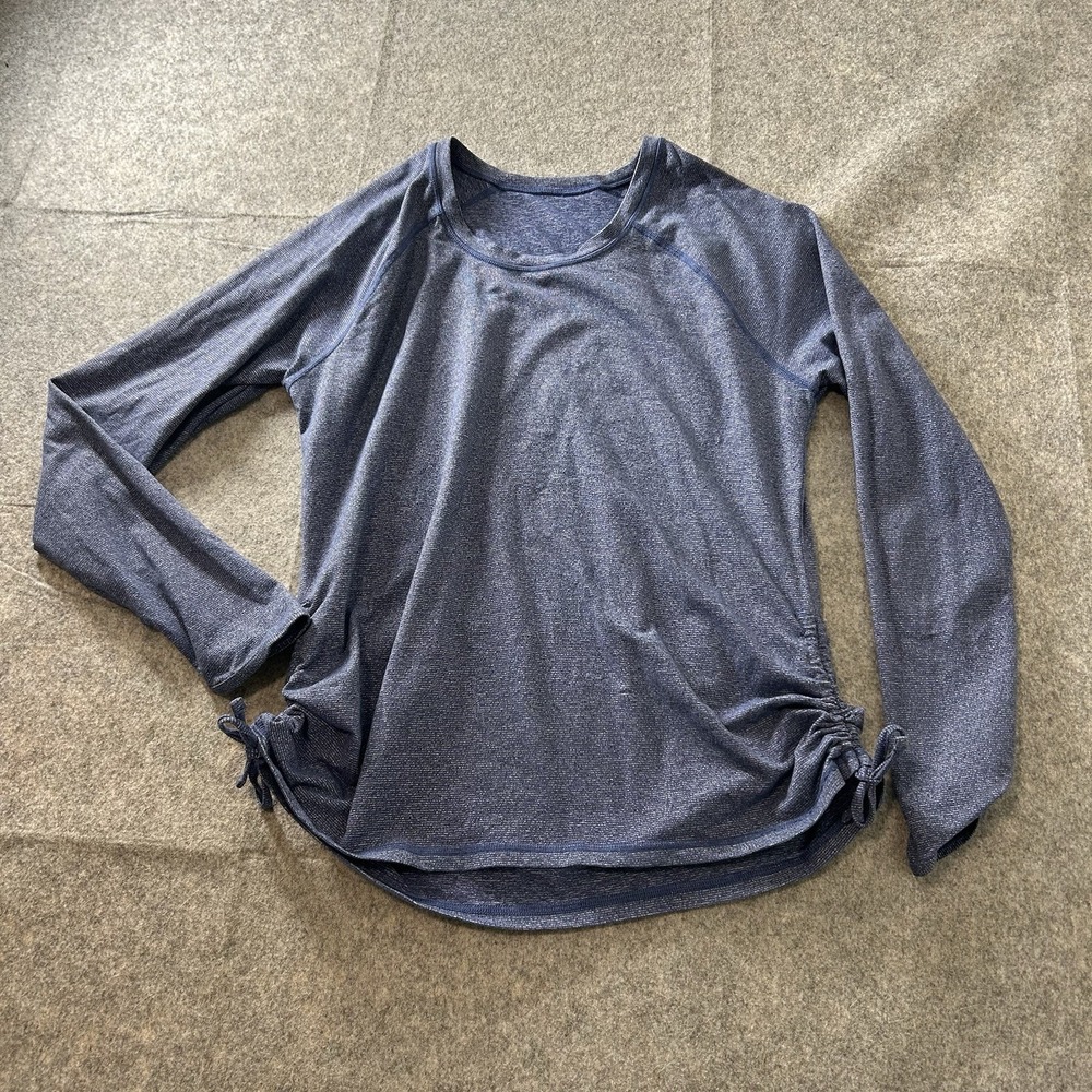 Lucy Top Womens Large Blue Striped Thumbholes Ruched Yoga Athletic Sporty